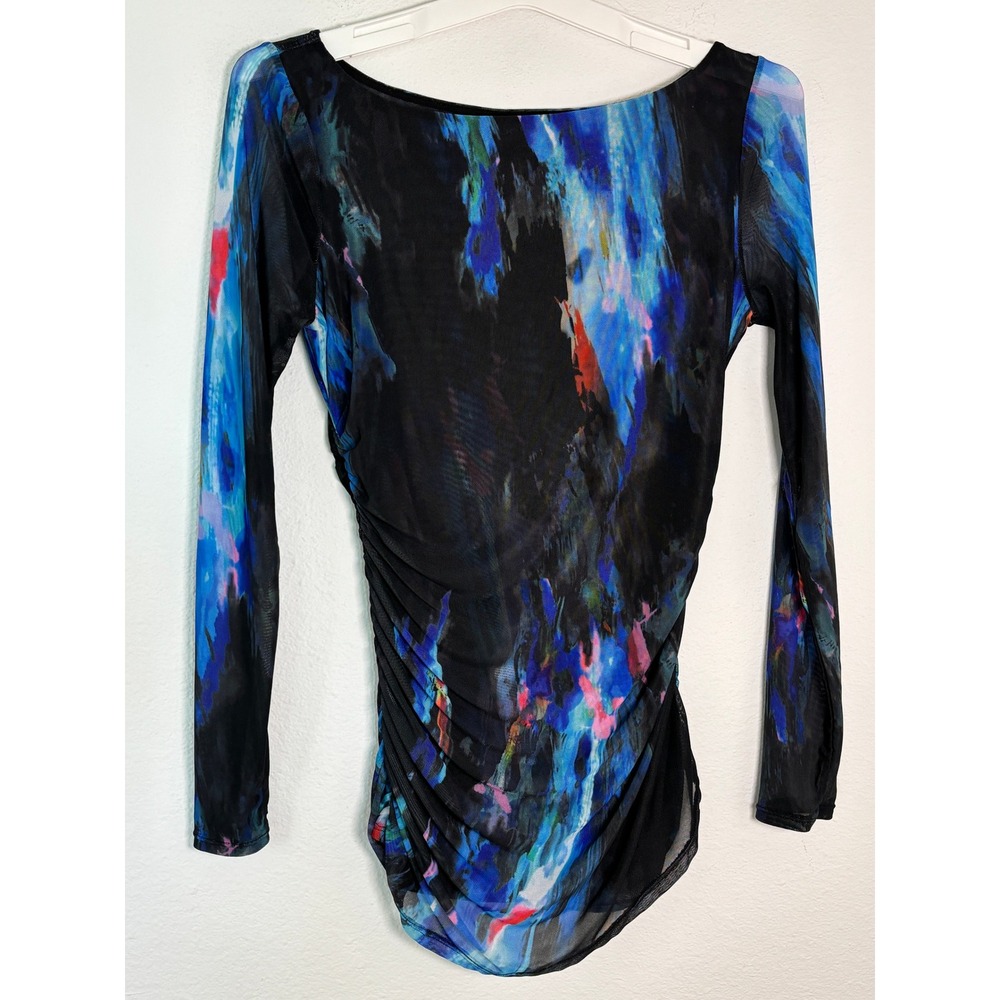 Bebe Womens Abstract Print Mesh Long Sleeve Ruched Boat Neck Top Black Blue M